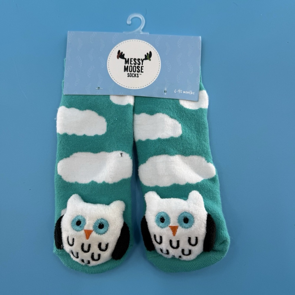 Messy Moose Baby Owl Socks Cloud Sky Print Teal 6–48 Months New